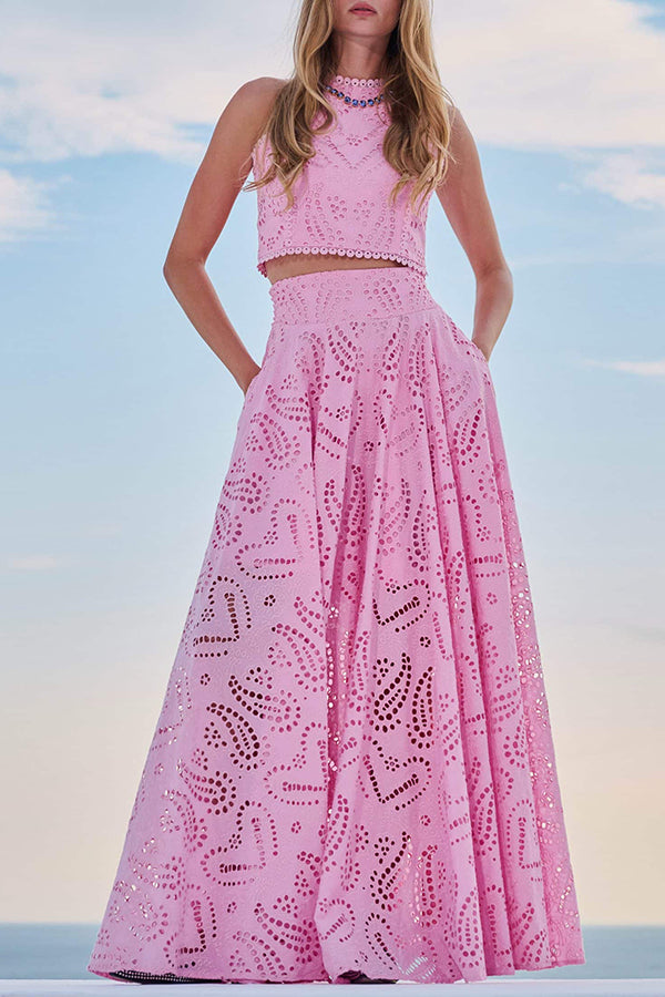 Jexinae | Elegante 2-delige dames set – Mouwloze geborduurde crop top & soepelvallende wijde broek