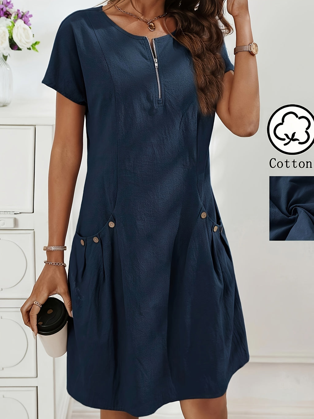 Zirelia | Zomerse casual overhemdjurk voor dames – halve rits, knoopdetails en dubbele zakken