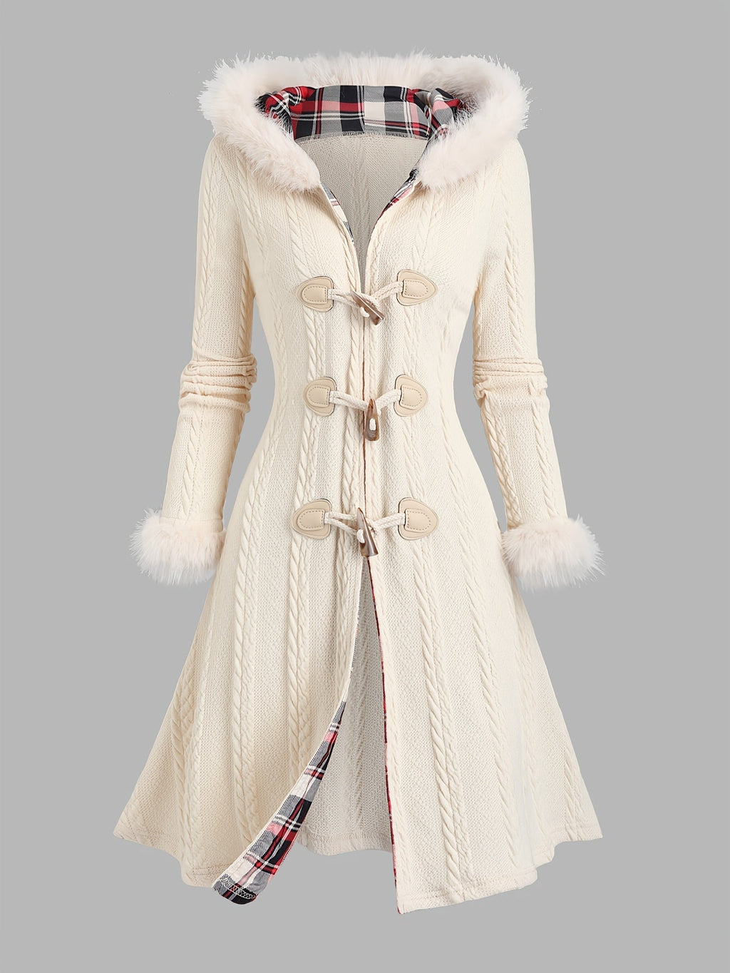 Belisse | Veste à capuche à carreaux style années 2000, fermeture boutonnée, bordure en fausse fourrure