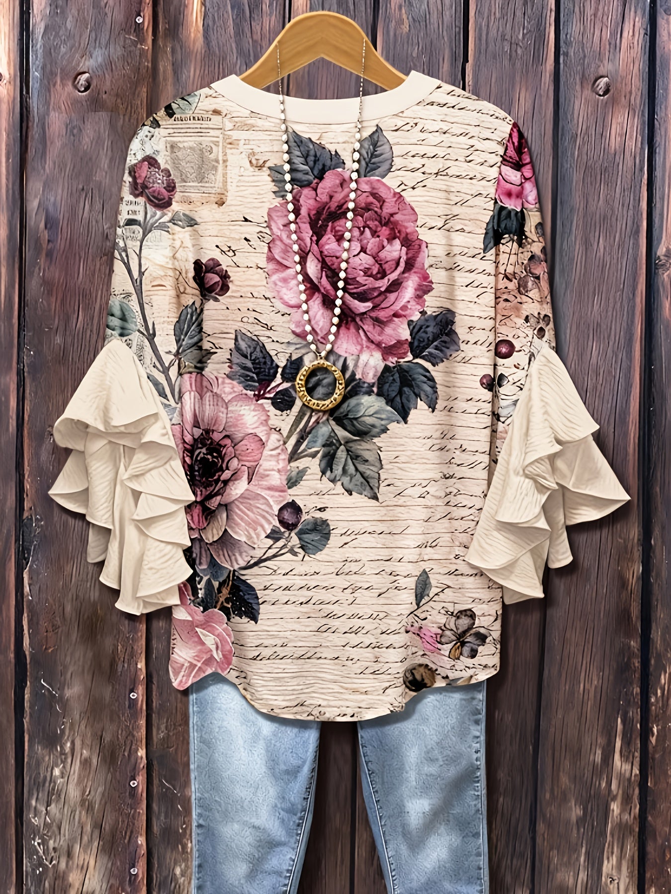 Avalyss | Damesblouse met print en volantmouwen – Casual, ruimvallende pullover