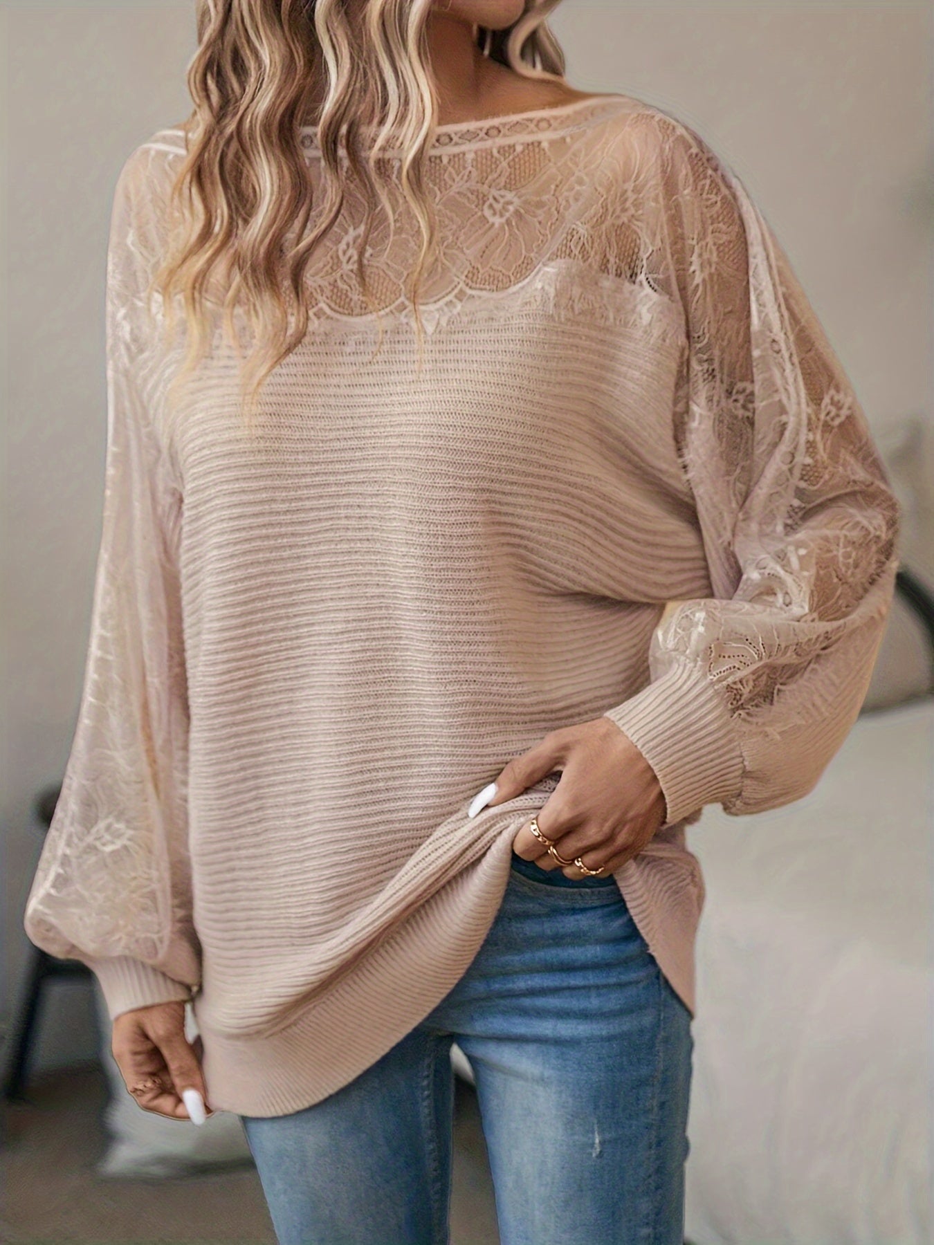 Tavielle | Dames Patchwork Kant Trui – Pullover met Boothals en Batwing Mouwen