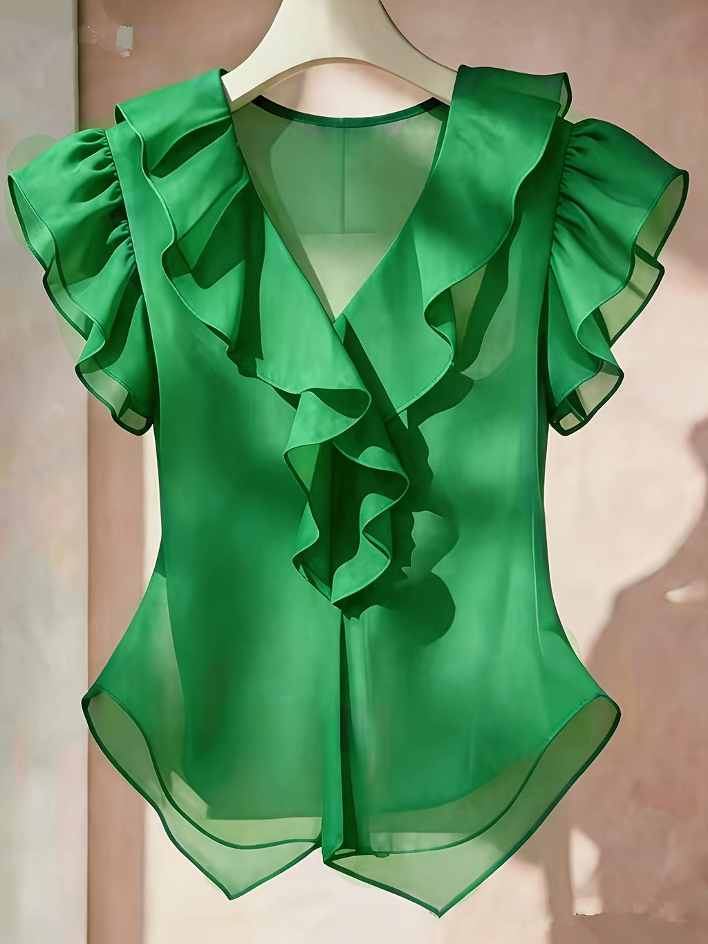 Ionae | Dames zomer chiffon shirt – Franse stijl top met ruches in effen kleur