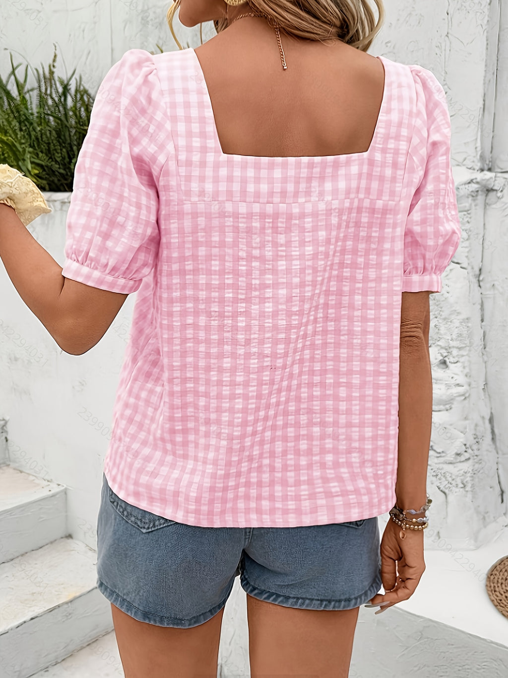 Orlyraen | Damesblouse met geruite print en vierkante hals – Casual blouse met korte mouwen