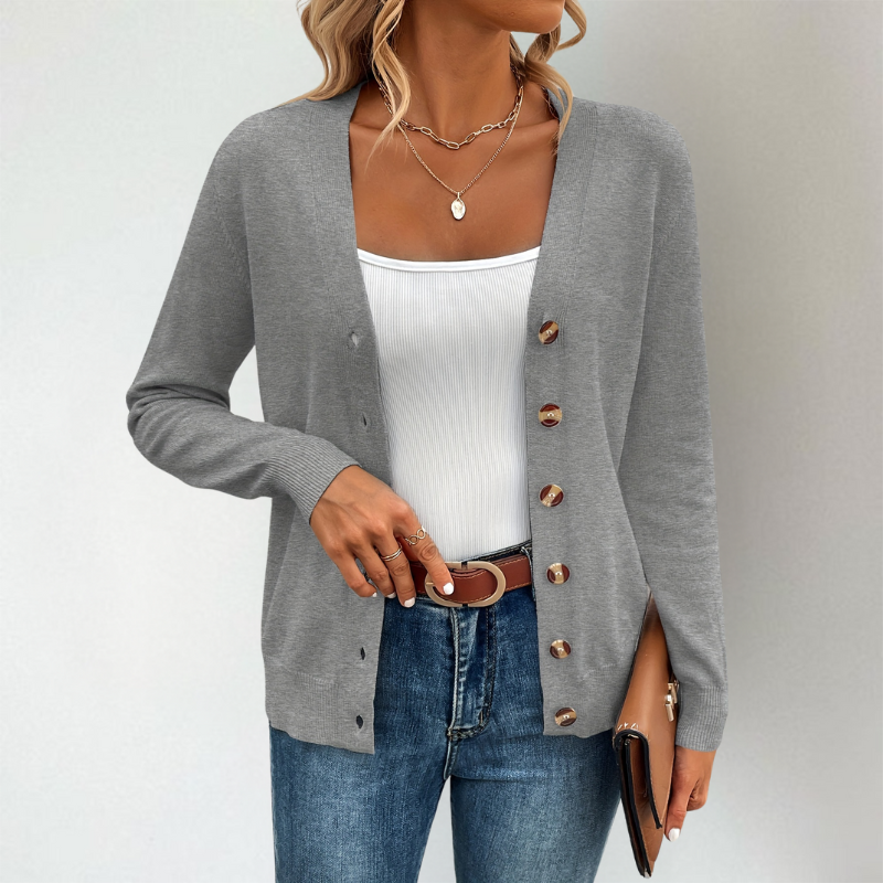 Janella | Klassiek gebreid vest met lange mouwen voor de lente – Lichtgewicht trui met knopen