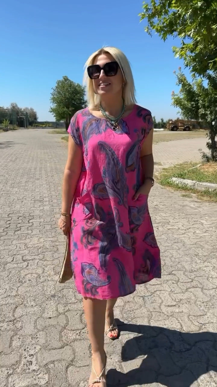 Hexina | Lichtgewicht zomerse mini-jurk voor dames – korte mouwen, casual pasvorm met print
