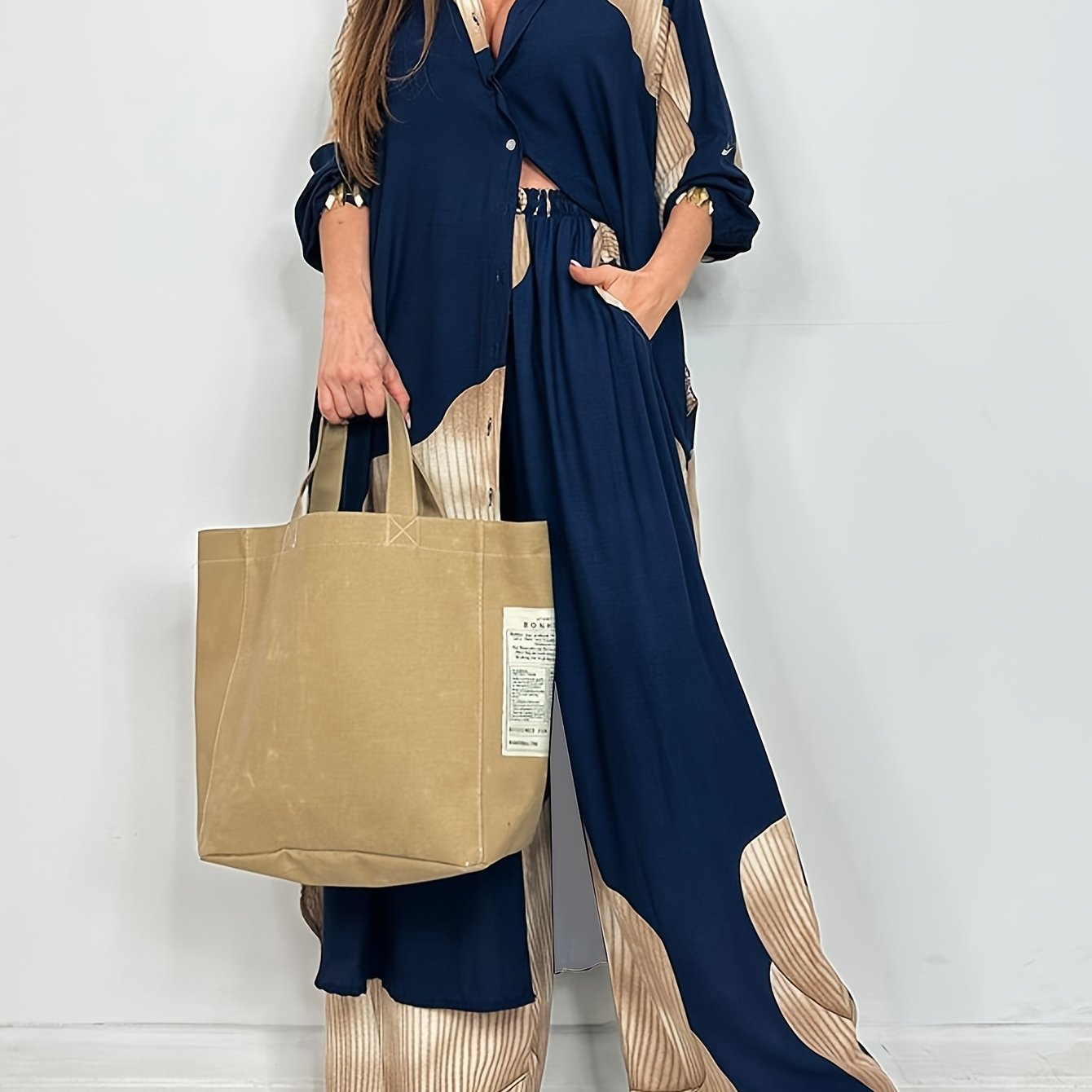 Eloria | Dames 2-delige set met print: blouse met lange mouwen en knoopsluiting & losse broek, casual lounge outfit