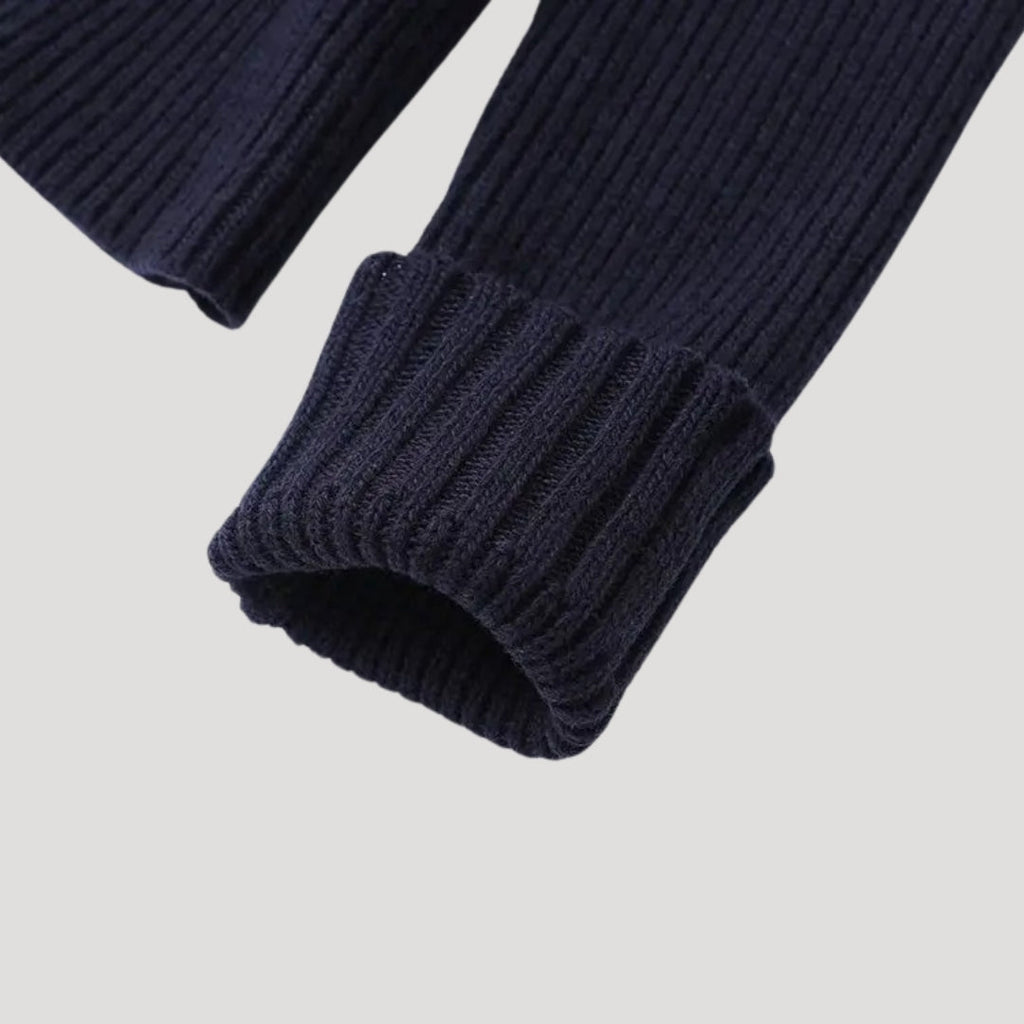 Marielle | Damesvest van gebreide stof in marineblauw met denimrand en knoopsluiting aan de voorkant