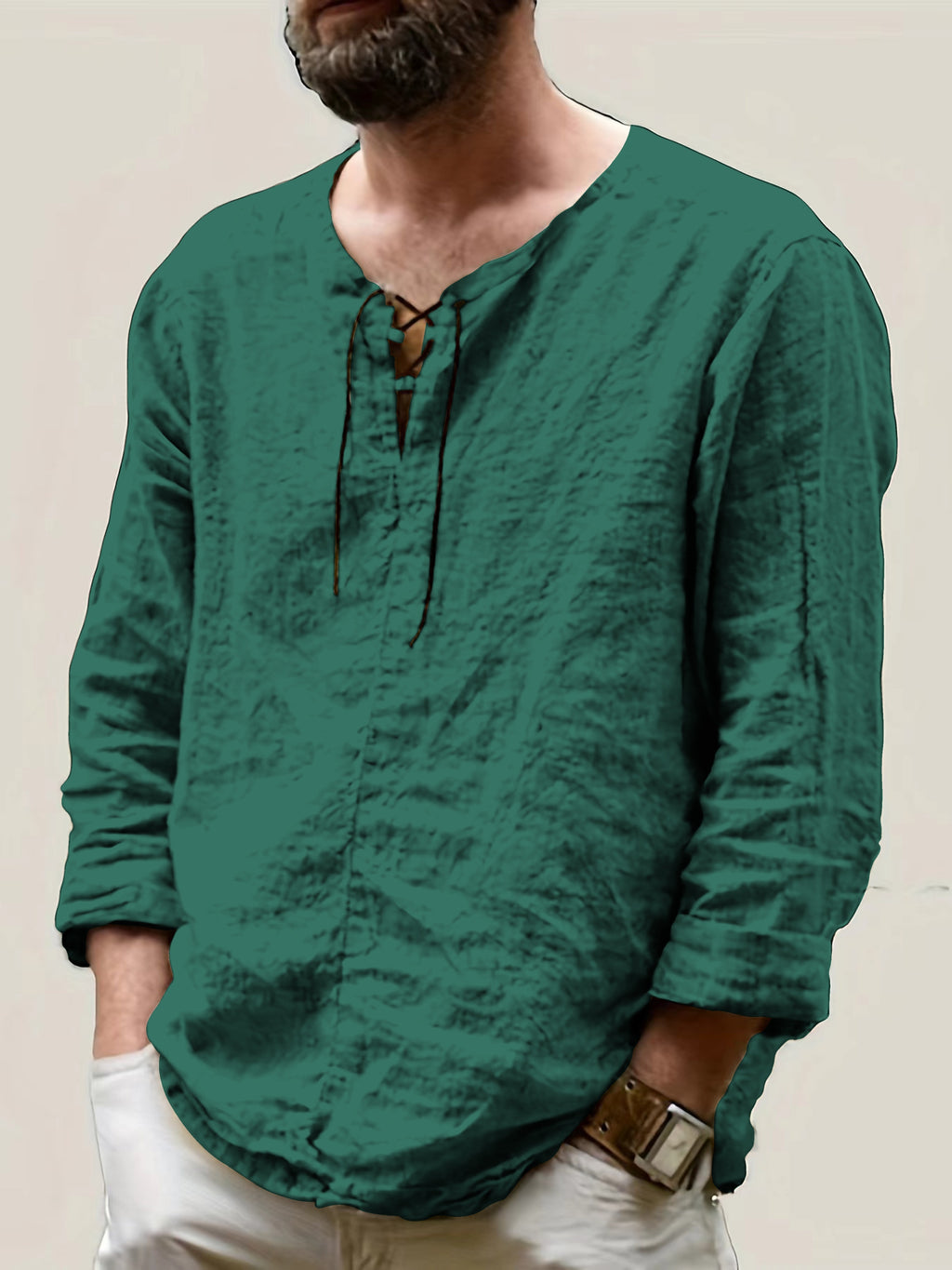 Arne | Chemise homme en coton et lin - manches longues, coupe ample décontractée, col à nouer