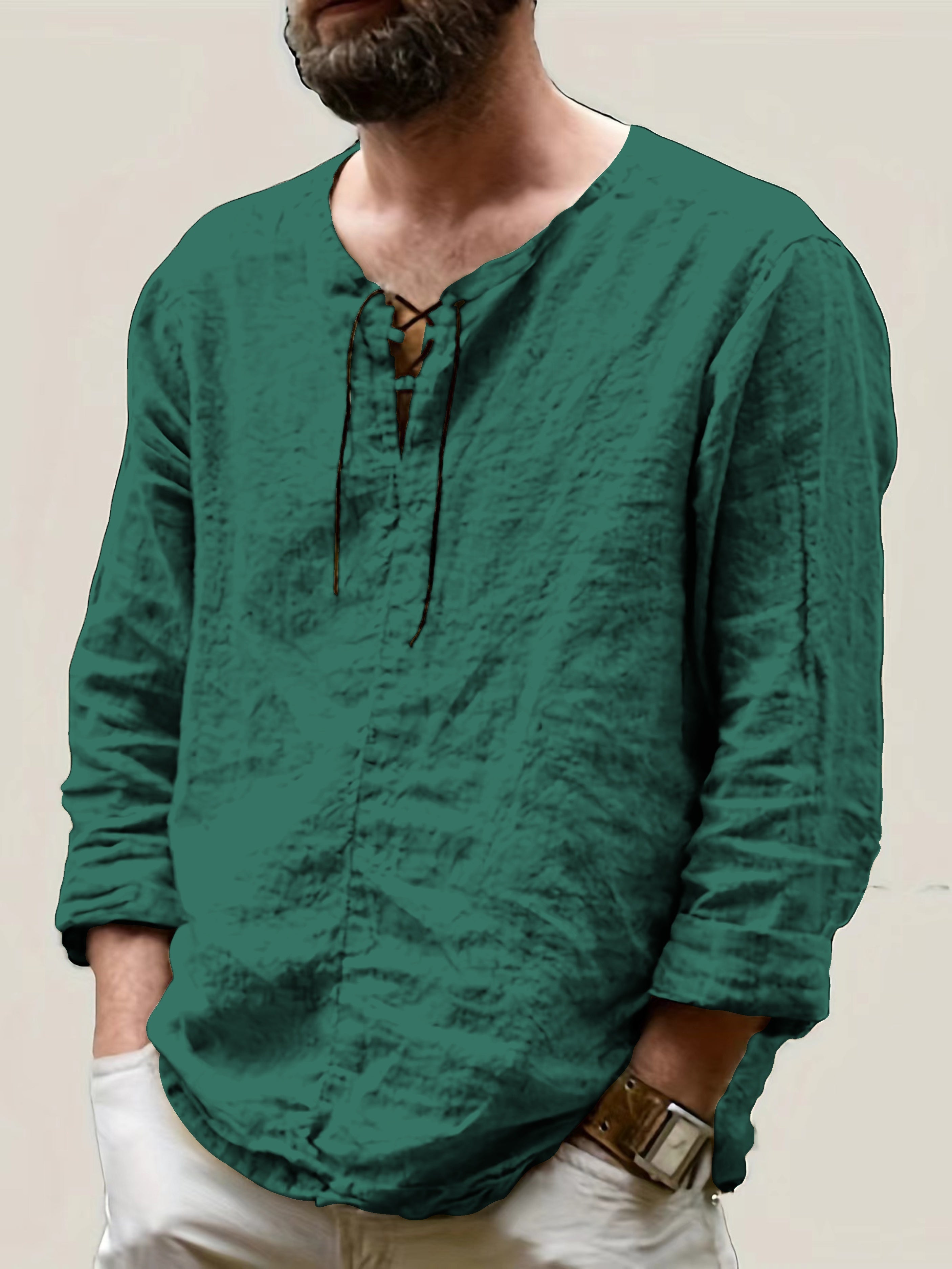 Arne | Chemise homme en coton et lin - manches longues, coupe ample décontractée, col à nouer