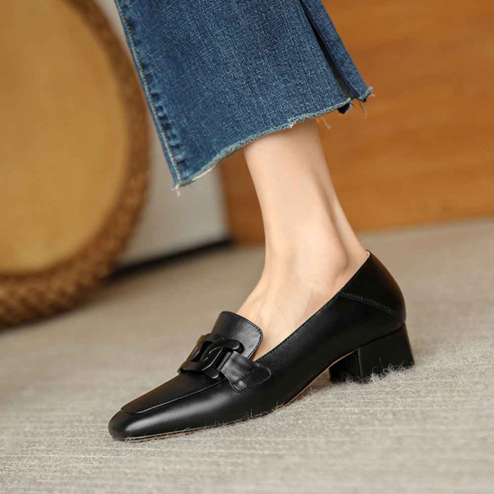 Evrynth | Dames leren loafers - Elegant gespdesign, dikke hakken