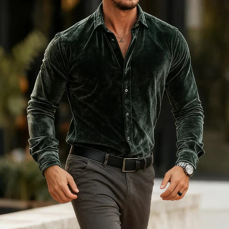Surge | Men’s Velvet Button-Up Blouse Shirt, Soft Luxe Velvet Top, Long Sleeve Evening & Smart Casual