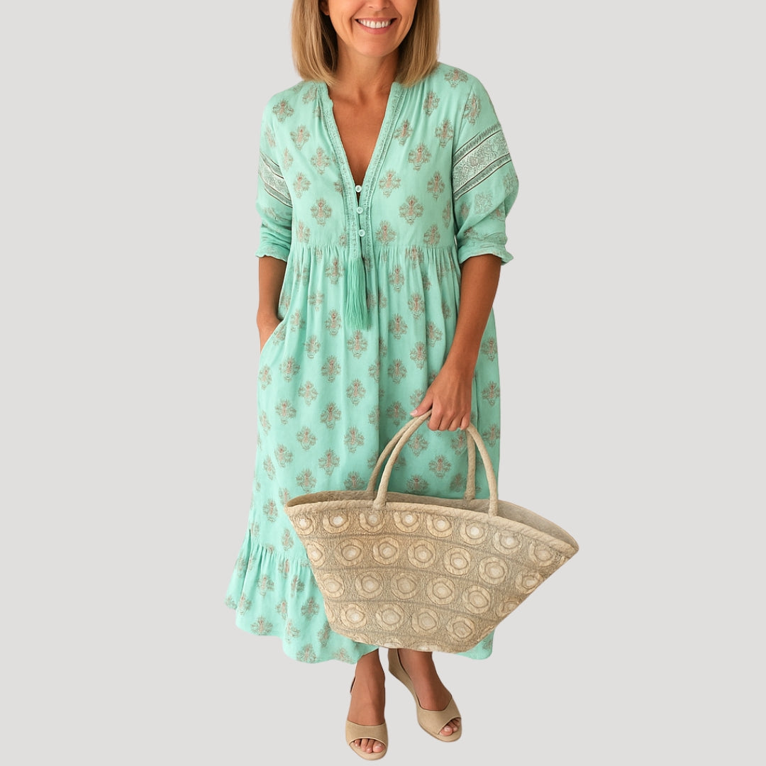 Rosaleth | Vloeiende boho midi-jurk voor dames – Zomerse strandjurk met zakken