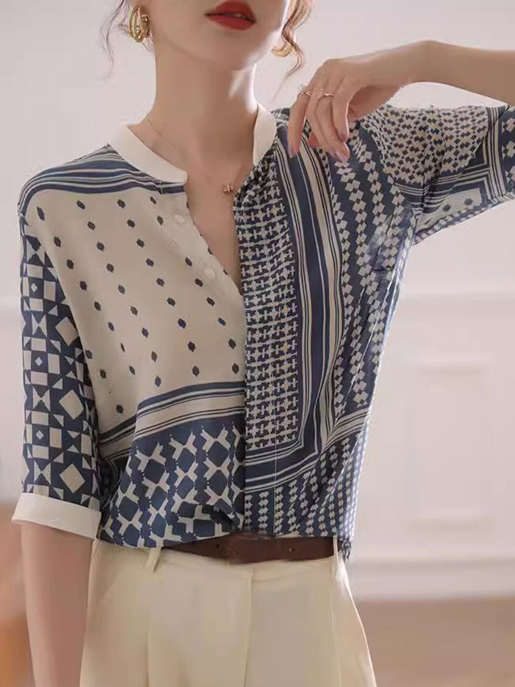 Zulema | Dameshemd met geometrische abstracte print - 3/4 mouwen, lichtgewicht blouse