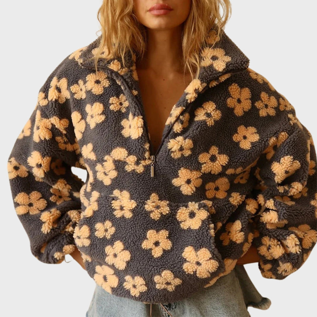 Matilda | Teddy-Fleecepullover für Damen, Blumenmuster, halber Reißverschluss, bequemer Winterpullover