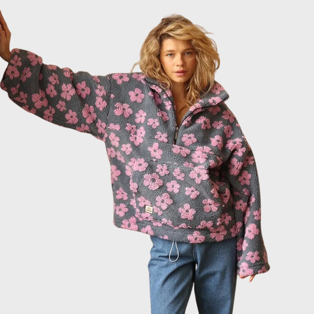 Matilda | Teddy-Fleecepullover für Damen, Blumenmuster, halber Reißverschluss, bequemer Winterpullover