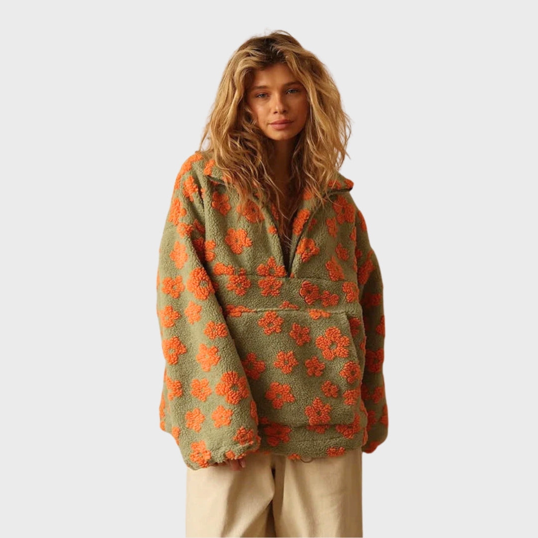 Matilda | Teddy-Fleecepullover für Damen, Blumenmuster, halber Reißverschluss, bequemer Winterpullover