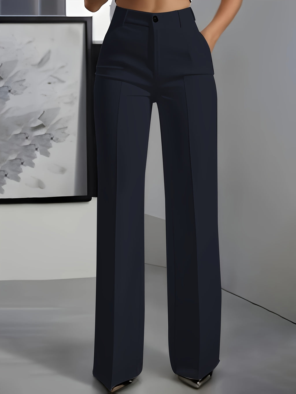 Oralia | Elegante Damenhose mit weitem Bein – Gerade geschnittene, hochgeschnittene Hose mit Knopfverschluss