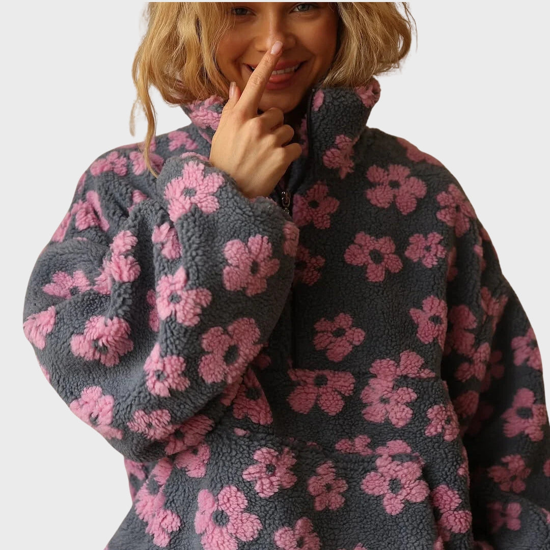 Matilda | Teddy-Fleecepullover für Damen, Blumenmuster, halber Reißverschluss, bequemer Winterpullover