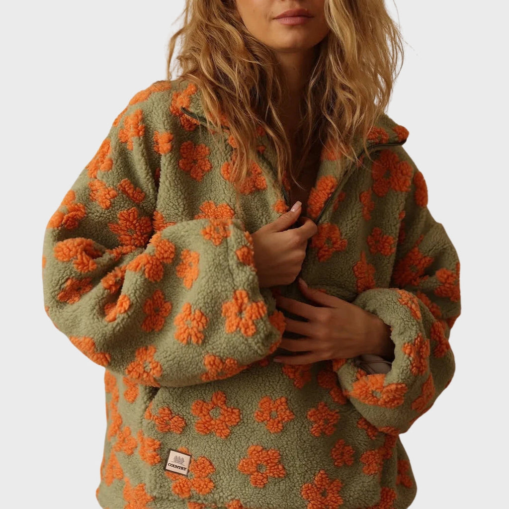 Matilda | Teddy-Fleecepullover für Damen, Blumenmuster, halber Reißverschluss, bequemer Winterpullover