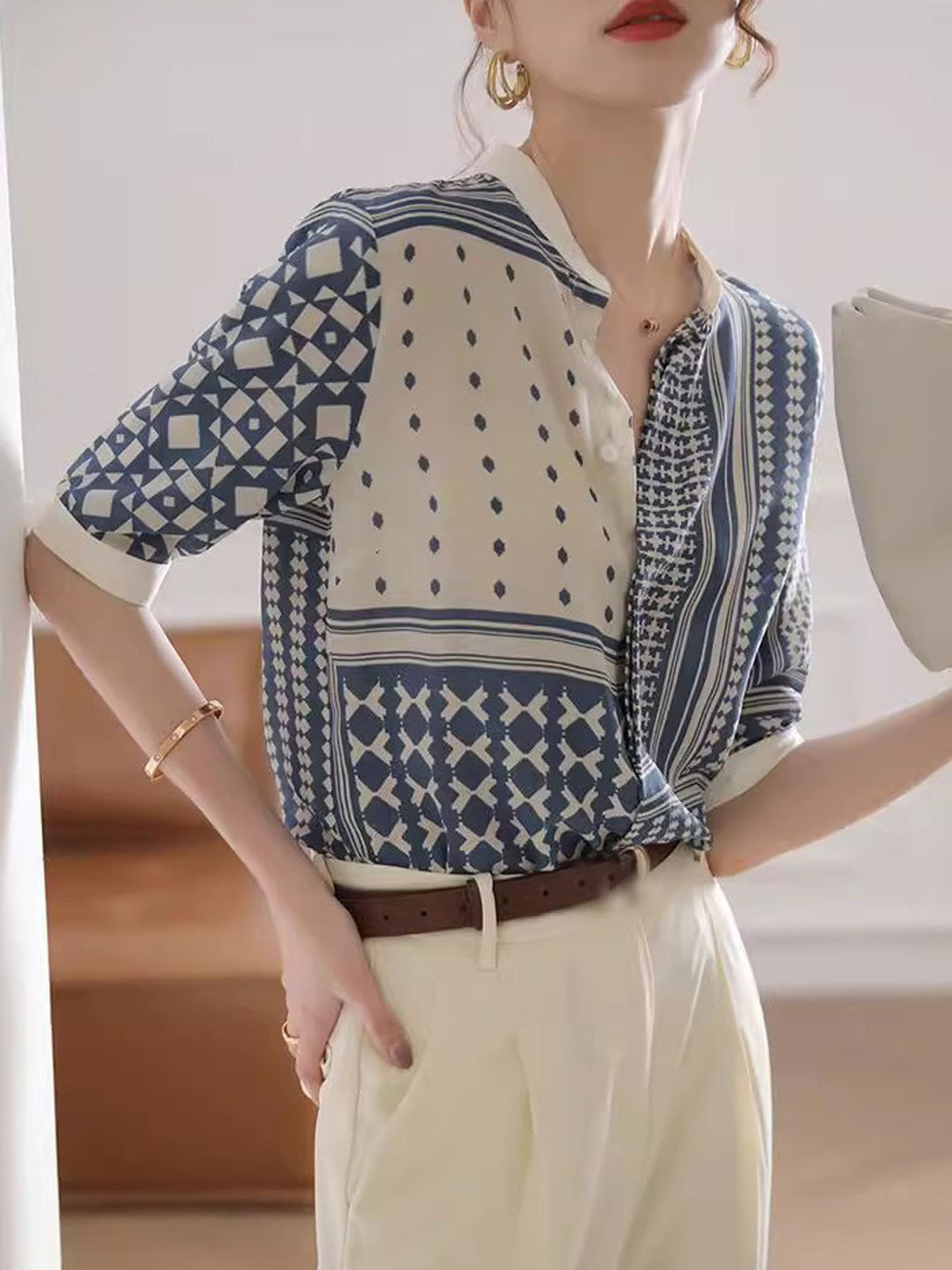 Zulema | Dameshemd met geometrische abstracte print - 3/4 mouwen, lichtgewicht blouse