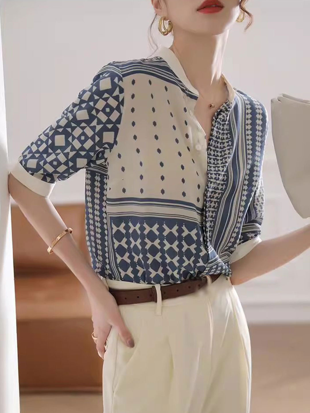 Zulema | Dameshemd met geometrische abstracte print - 3/4 mouwen, lichtgewicht blouse