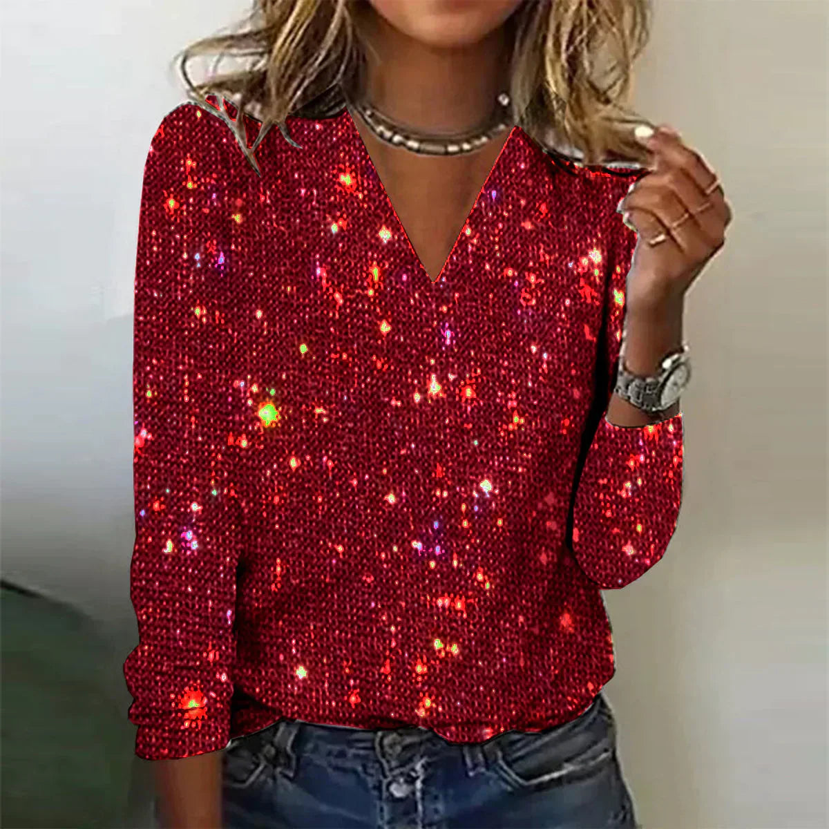 Amelisse | Sprankelende V-hals top met lange mouwen voor dames – elegante glitterblouse