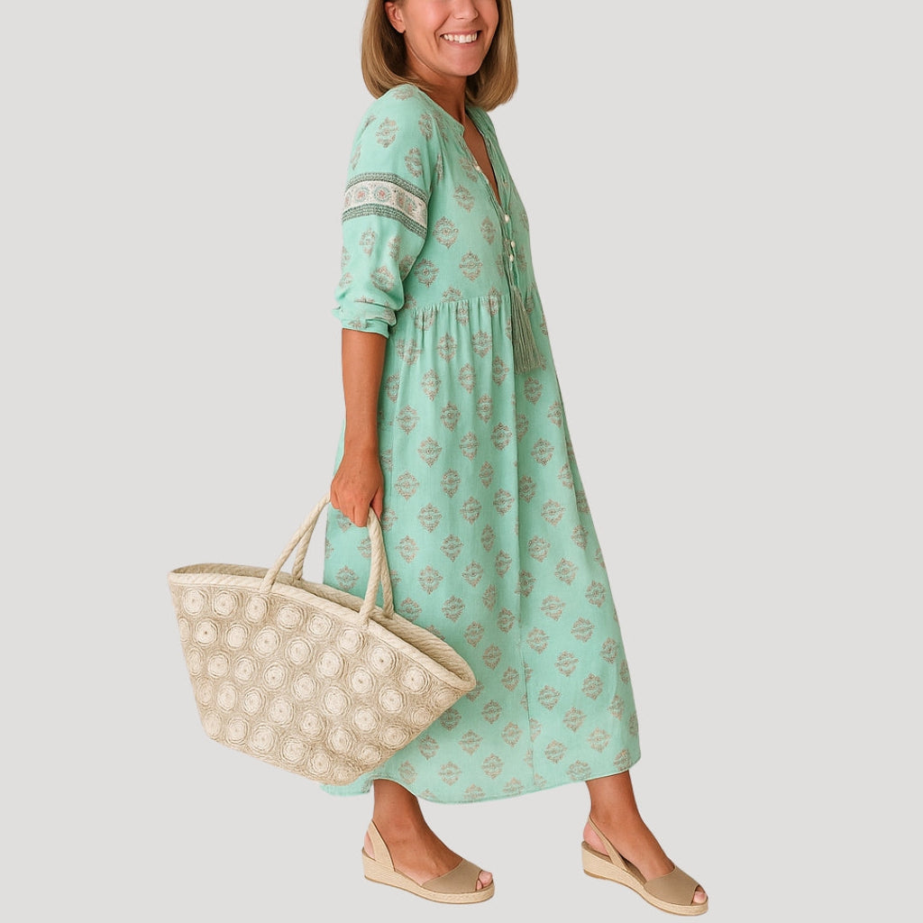 Rosaleth | Vloeiende boho midi-jurk voor dames – Zomerse strandjurk met zakken