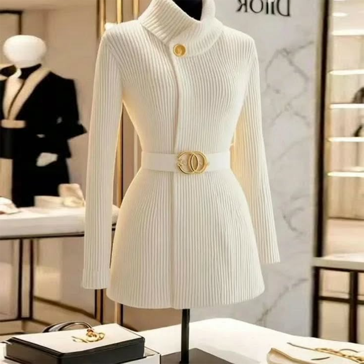 Alvaria | Wit gebreid vest met hoge kraag voor dames – zachte trui met lange mouwen om in laagjes te dragen