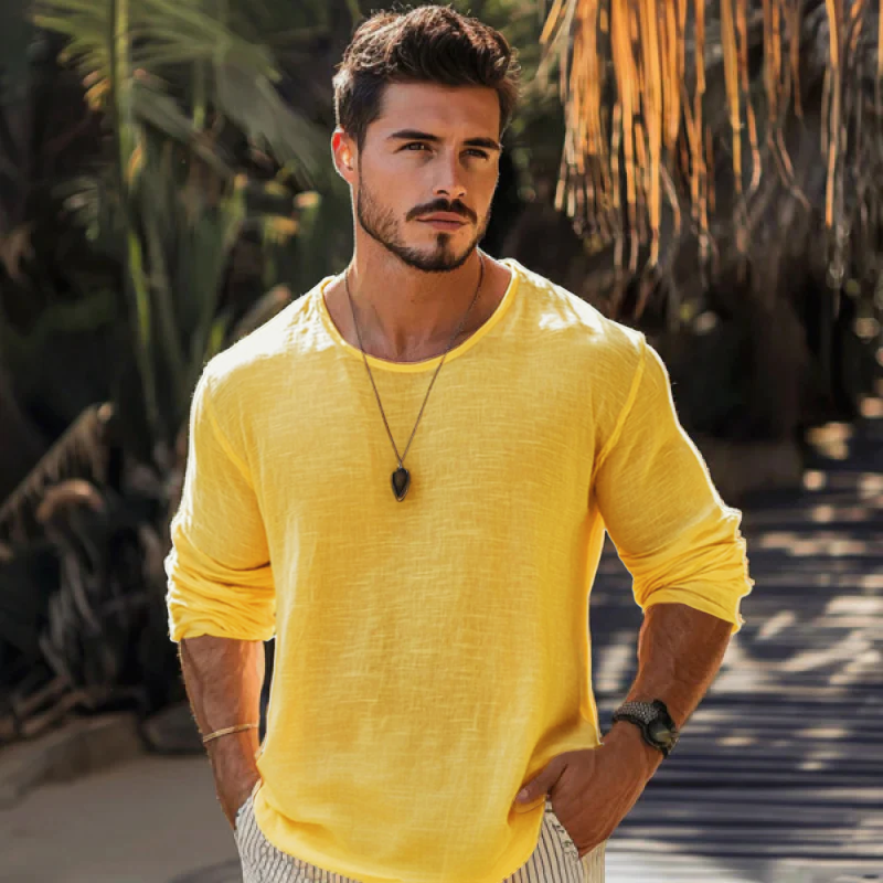Jaxvion | Casual katoenen linnen T-shirt met ronde hals en lange mouwen voor heren