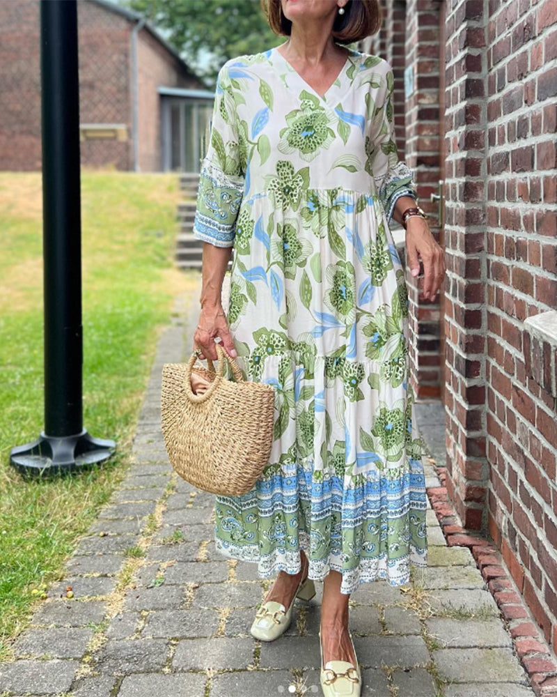 Kexella | Soepelvallende bloemenmaxi-jurk voor dames – Zomerjurk met 3/4 mouwen en V-hals