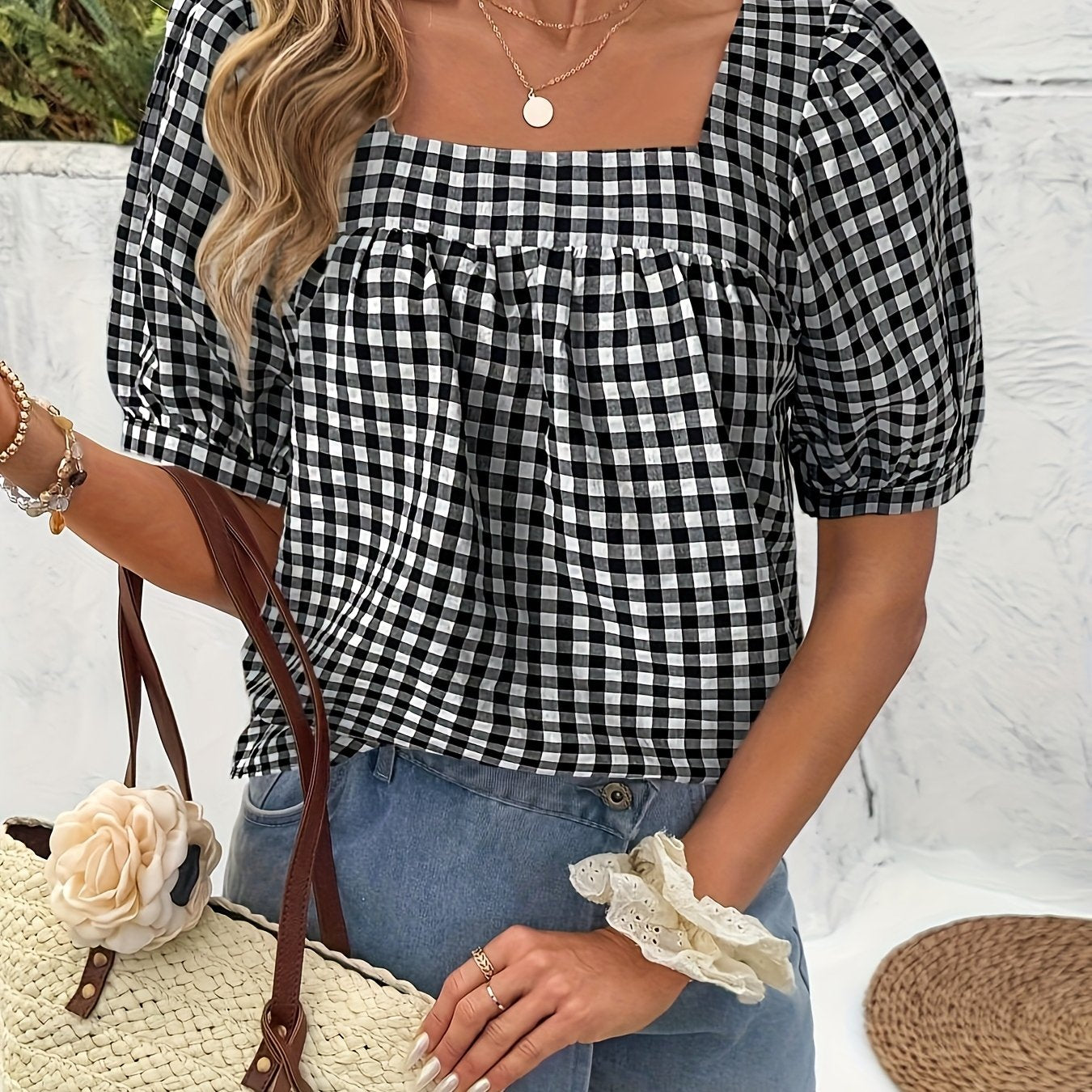 Orlyraen | Damesblouse met geruite print en vierkante hals – Casual blouse met korte mouwen