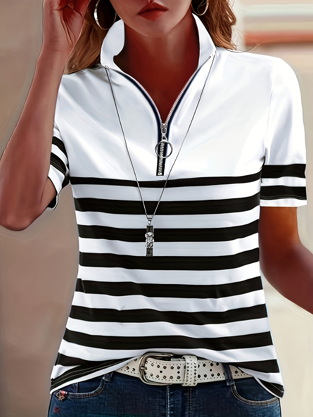 Elanith | Dames Halve Zip Shirt – Korte Mouw, Gestreept, Casual & Sportief Top