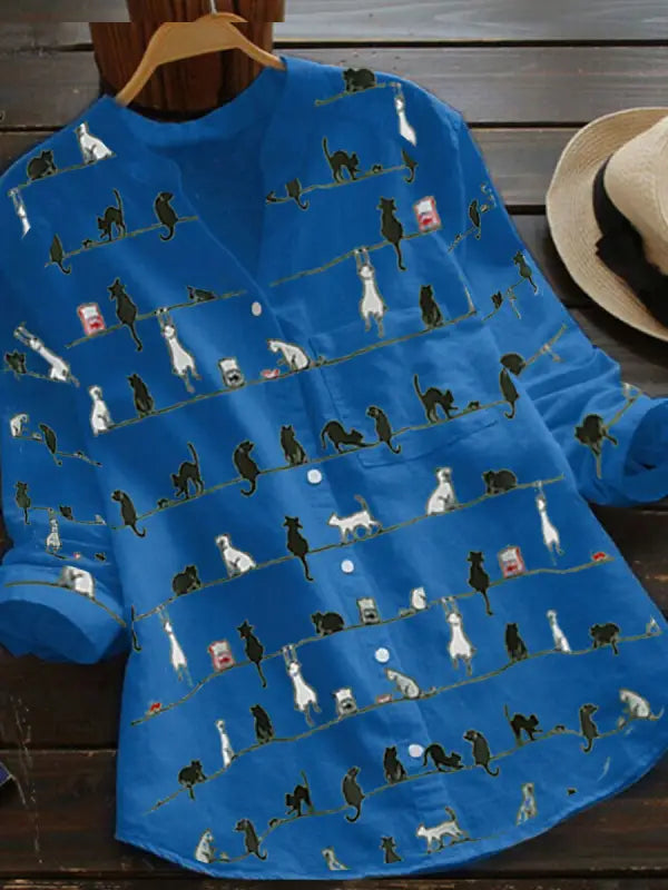 Faylin | Kat print lange mouwen Button-Up Blouse - Stijlvolle V-hals Overhemd voor dames