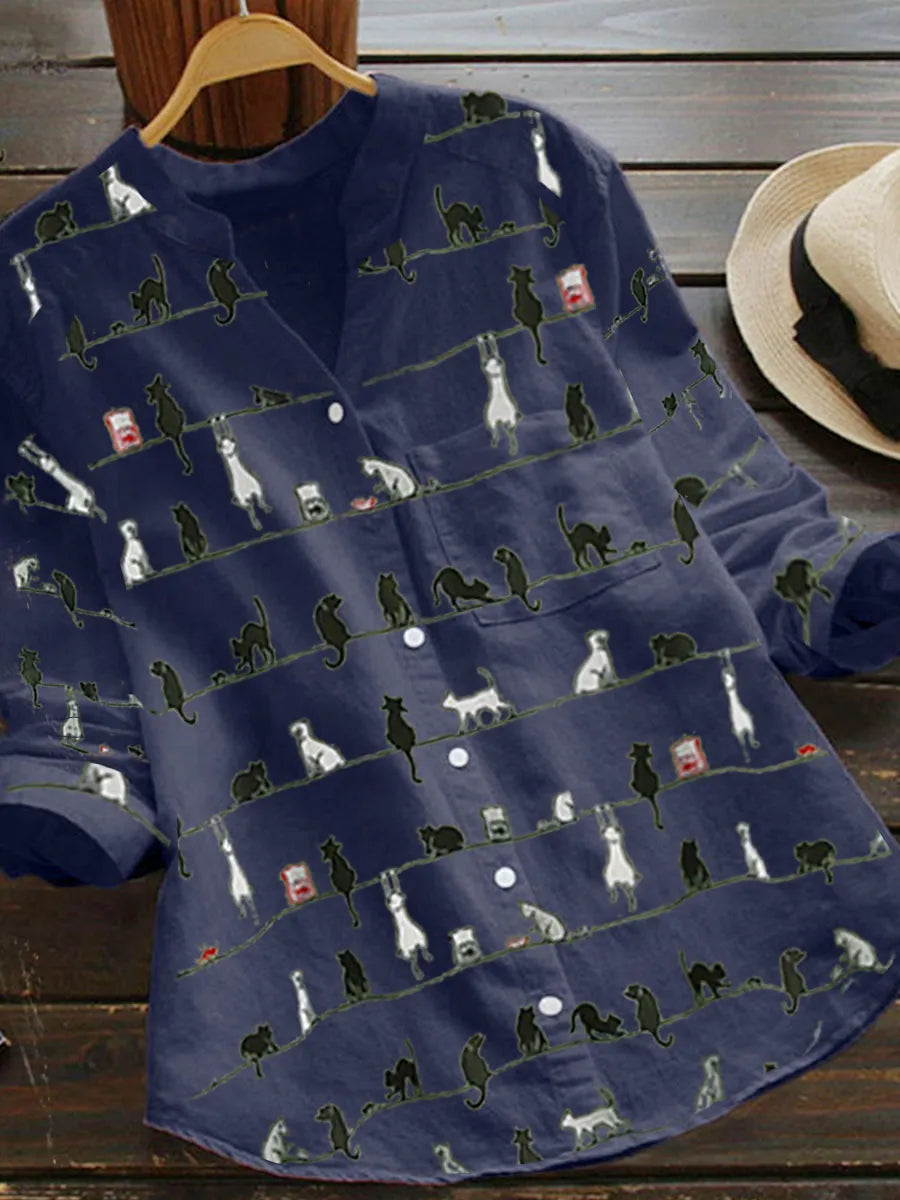 Faylin | Kat print lange mouwen Button-Up Blouse - Stijlvolle V-hals Overhemd voor dames