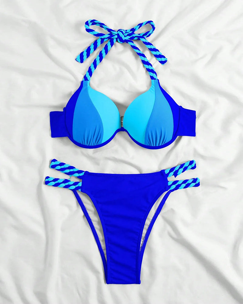 Cazelle | Halterbikini voor dames met kleurblokken – Tweedelig zwempak met hoge taille