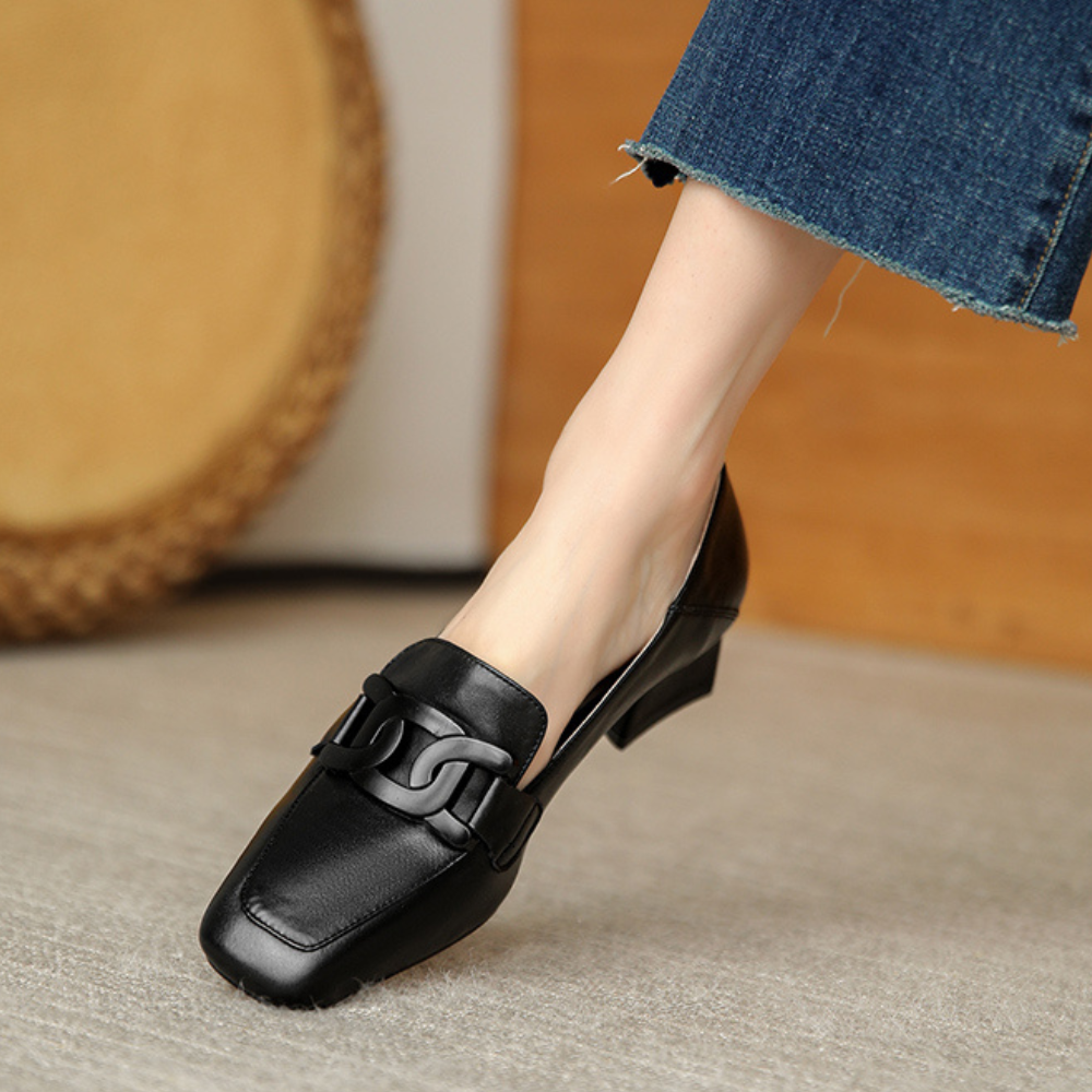 Evrynth | Dames leren loafers - Elegant gespdesign, dikke hakken