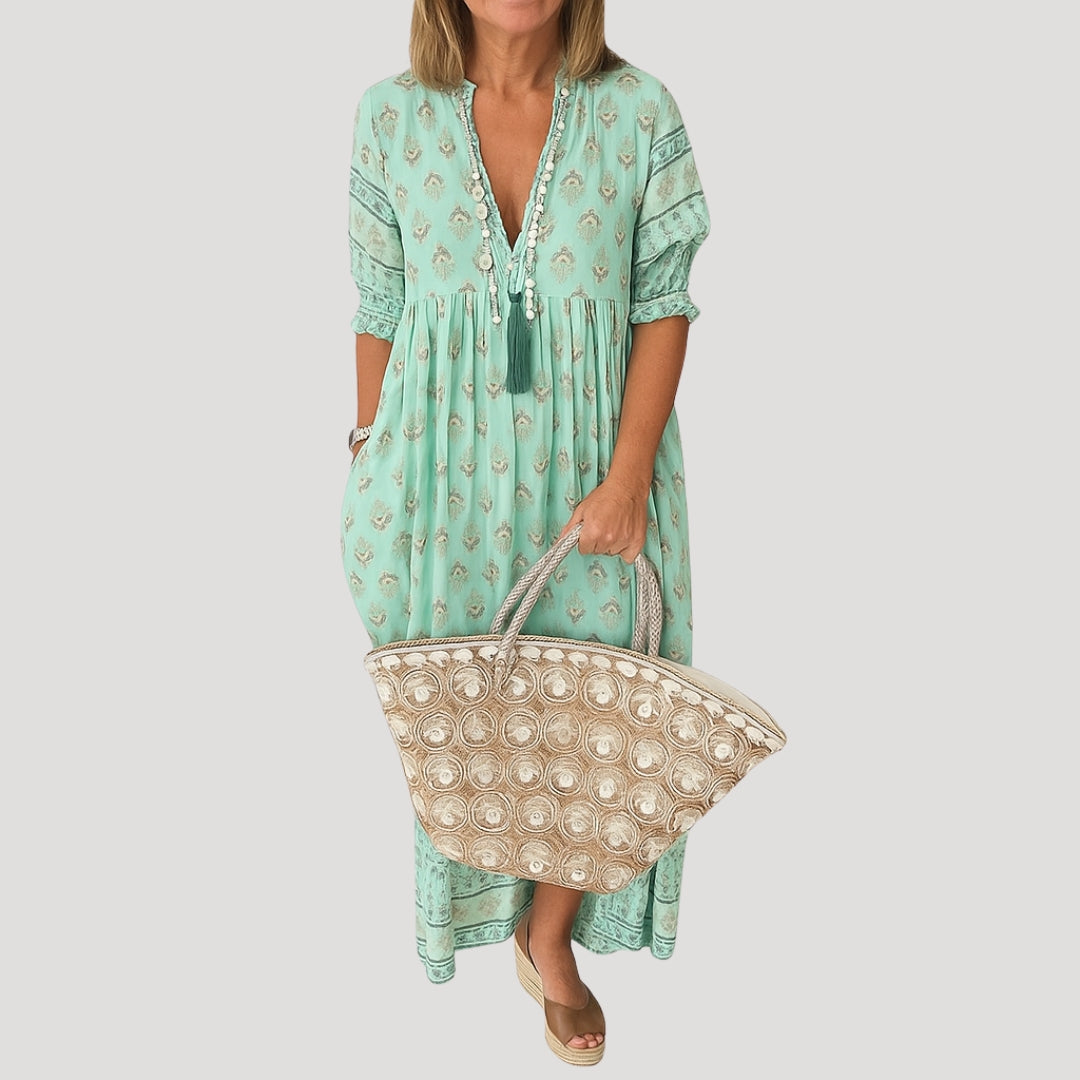 Rosaleth | Vloeiende boho midi-jurk voor dames – Zomerse strandjurk met zakken