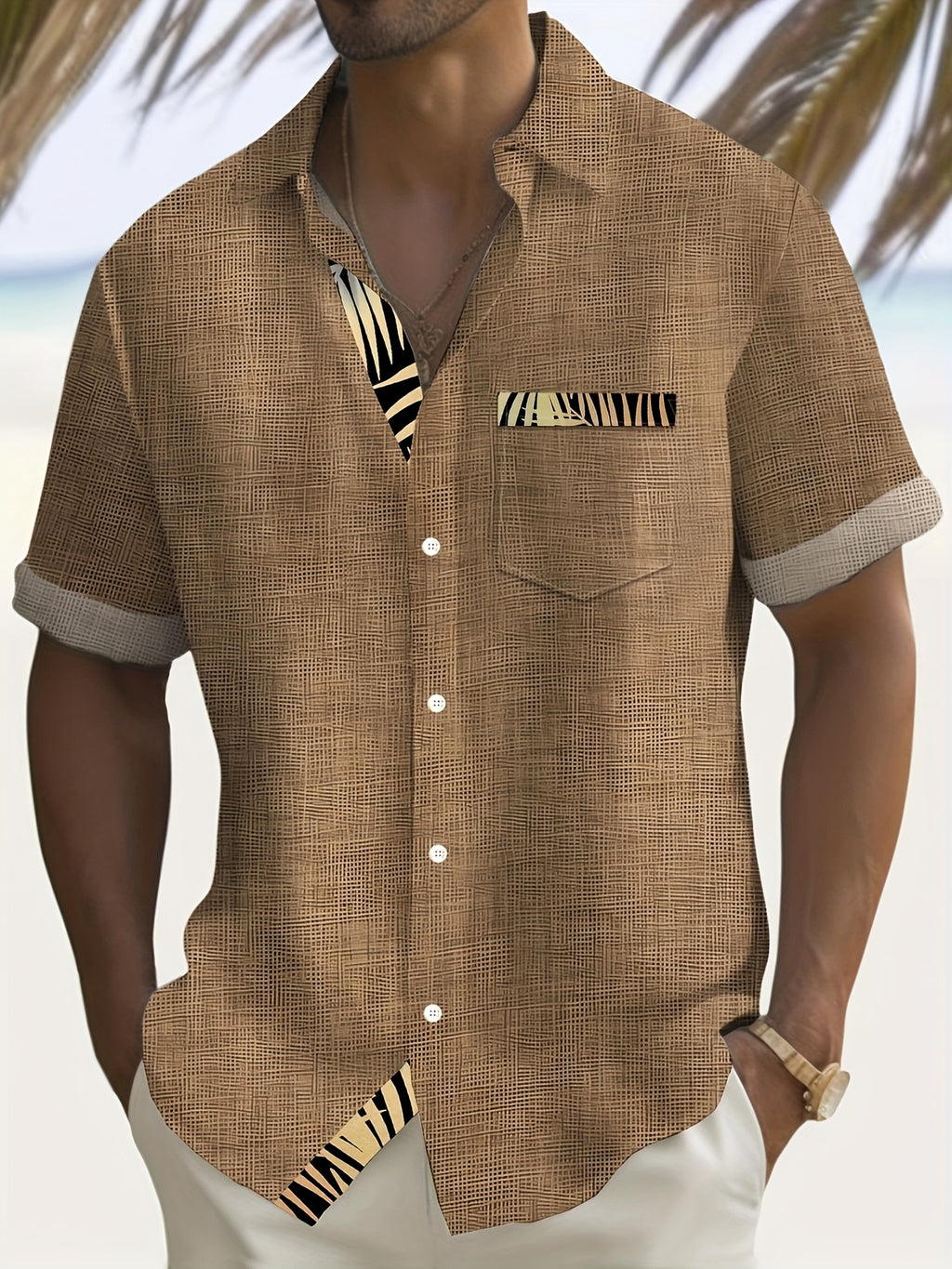 Caelum | Herenoverhemd met tropisch bladmotief – Hawaiiaans model met korte mouwen en knoopsluiting