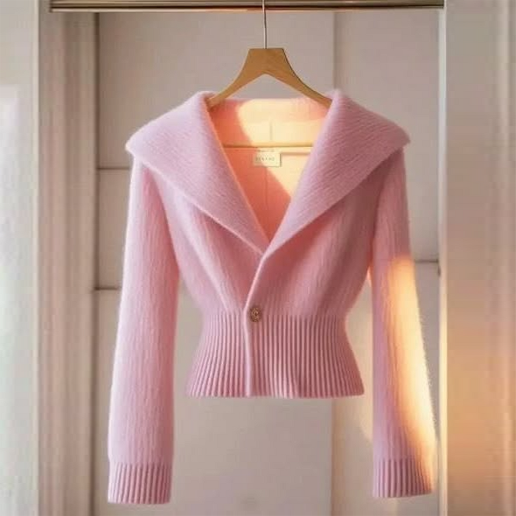 Dranica | Hellrosa Damen-Strickjacke mit Kragen – Weicher Strickpullover mit langen Ärmeln
