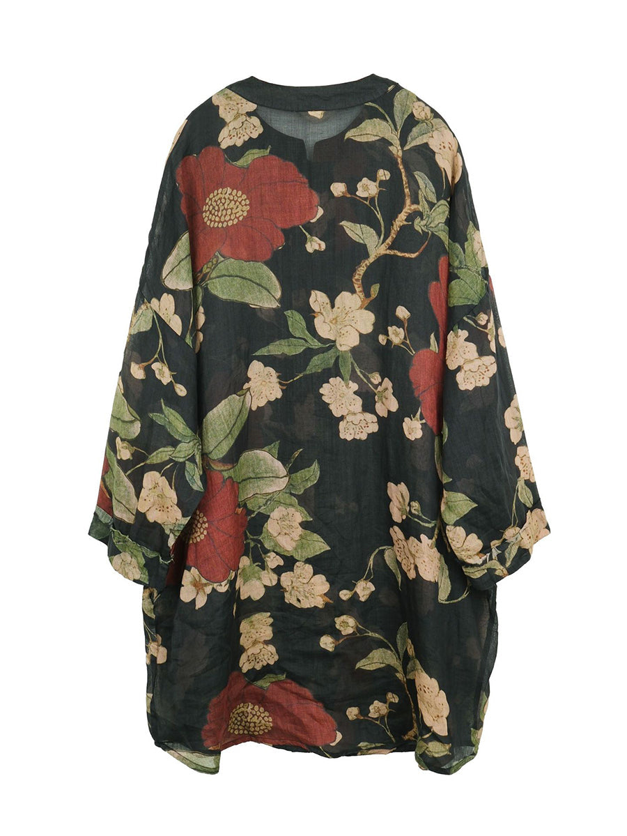 Dryelle | Vintage lenteblouse met bloemenprint in grote maten, van ramie – lichtgewicht, losse pasvorm