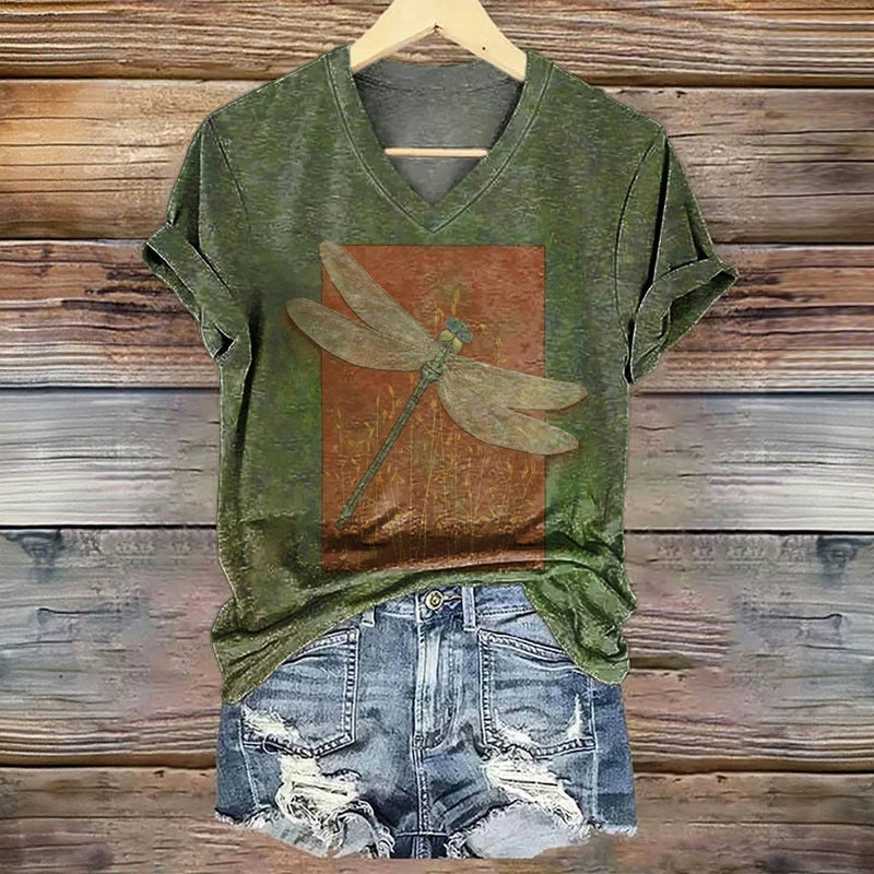 Ayvi | Vintage Dragonfly-T-shirt voor dames – Casual katoenen T-shirt met print