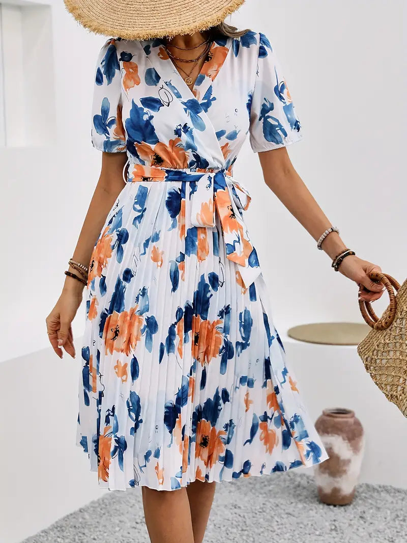 Jurk met ceintuur en geplooide zoom met bloemenprint