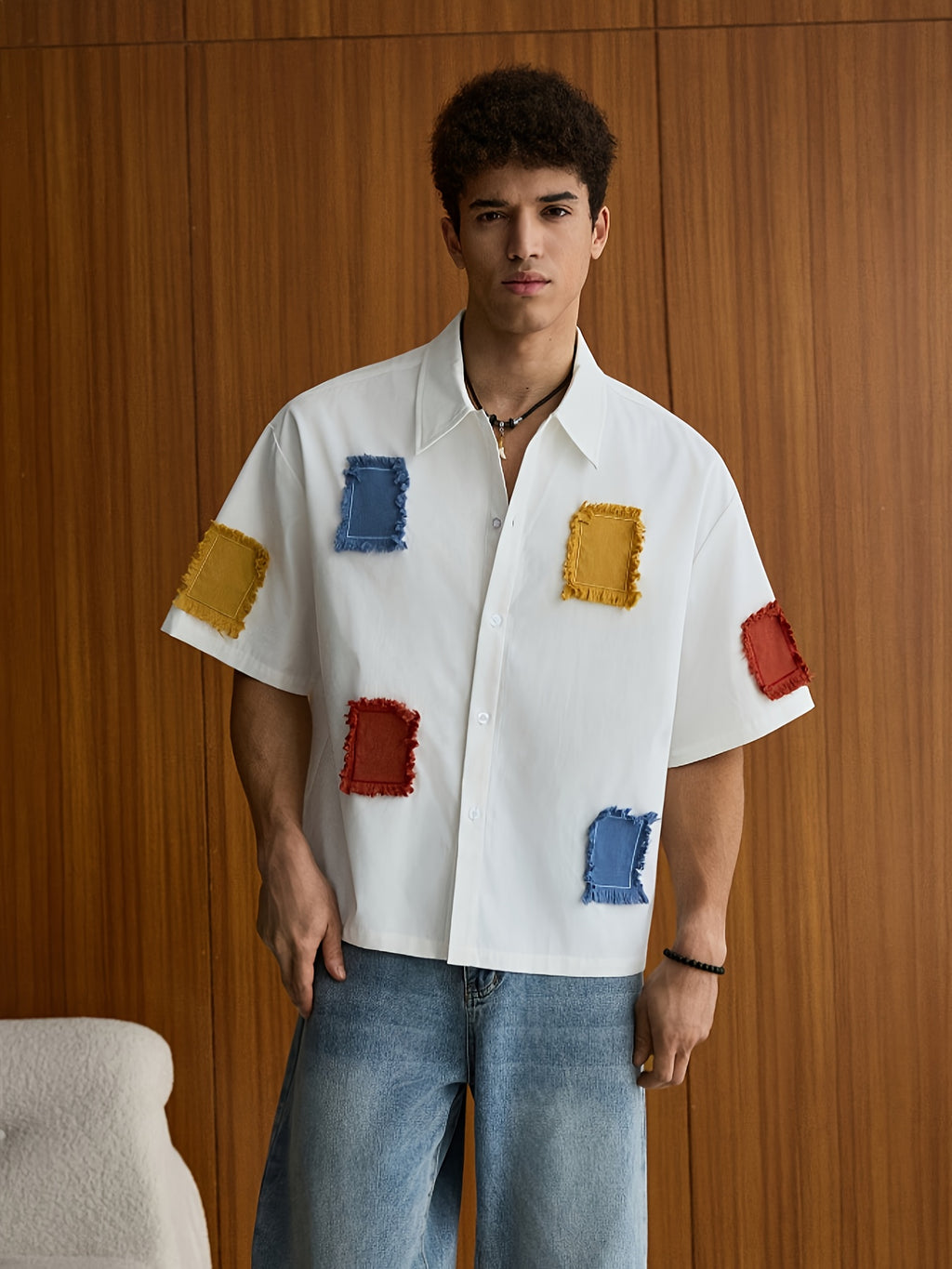 Dren | Zomerhemd voor heren met patchwork – Casual model met korte mouwen en reverskraag