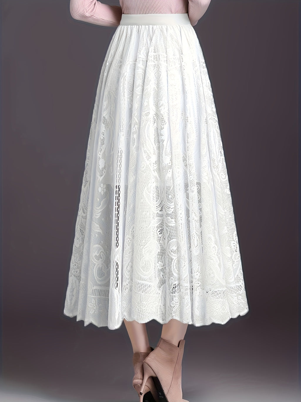 Gisla | Elegante A-lijn rok met kant - holle schulprand, casual midi-rok voor vrouwen