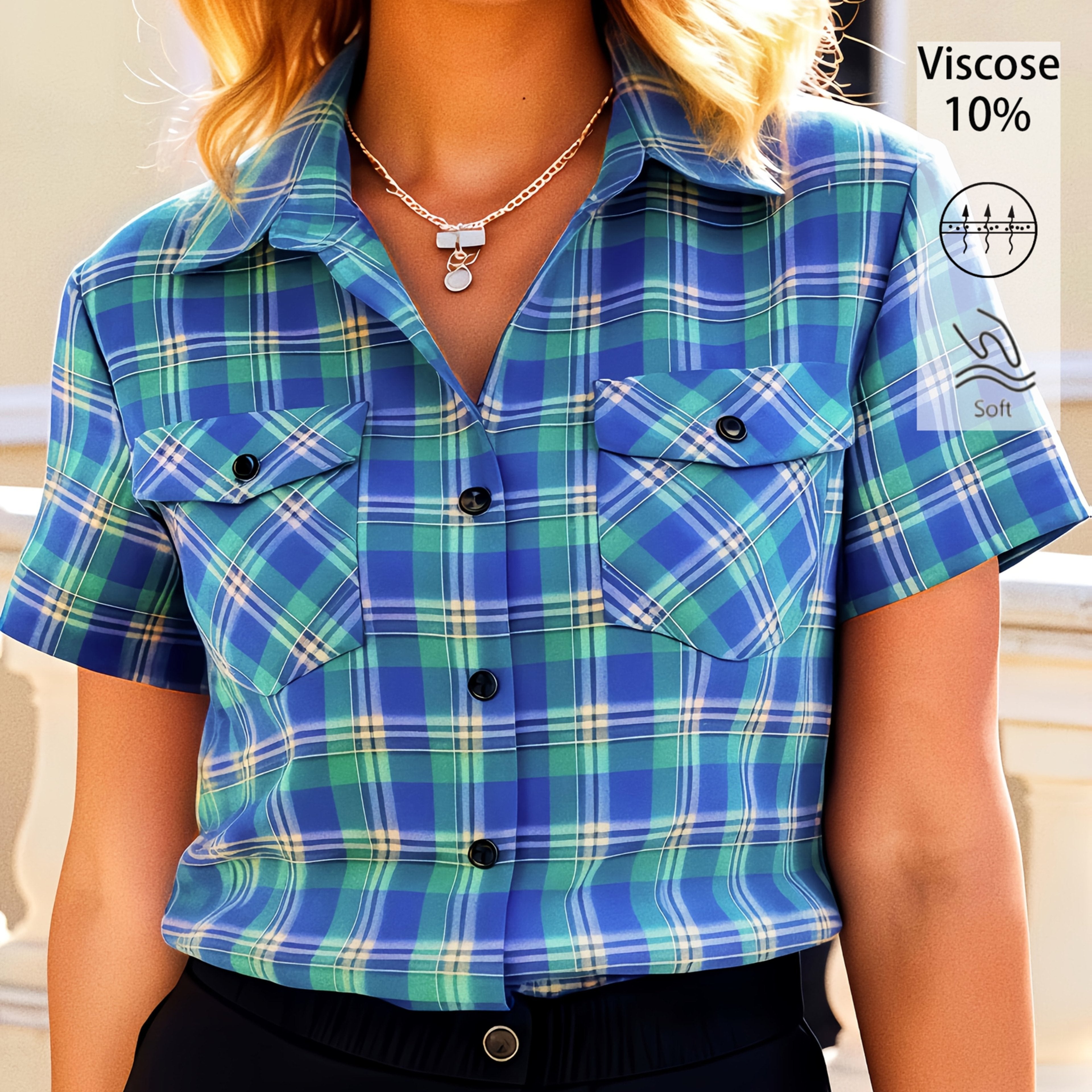 Juniper | Damesoverhemd met korte mouwen en ruitjespatroon – Casual blouse met knopen en twee zakken