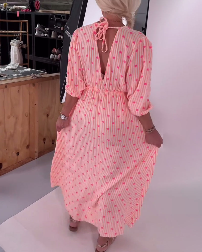 Fexina | Maxi-jurk met hartjesprint voor dames – V-hals, zwierige casual zomeroutfit