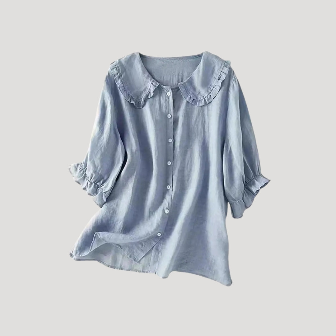 Lirvessa | Damesblouse van linnenmix – Top met lange mouwen en een kraag met ruches