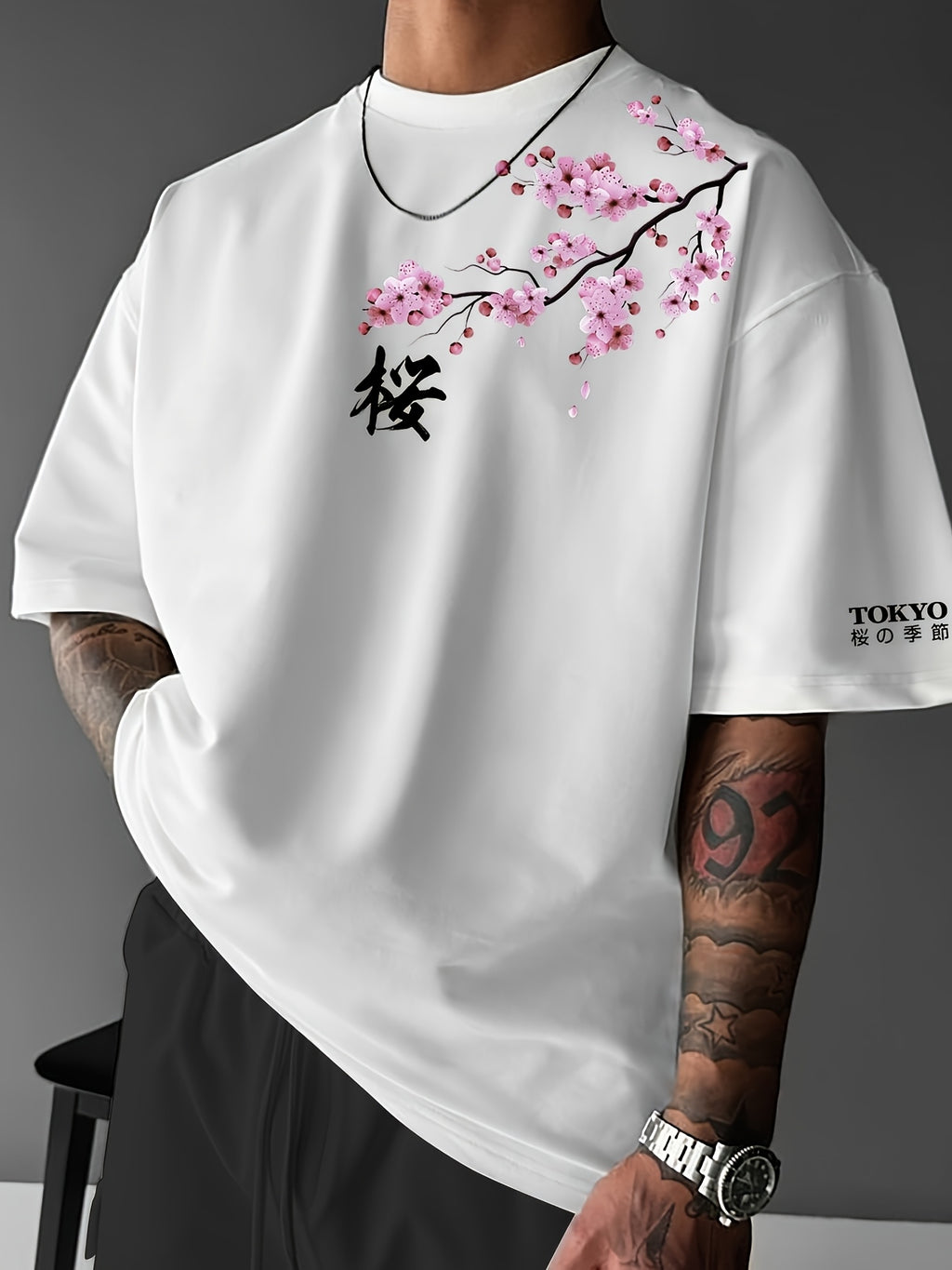 Lucian | Heren T-shirt met Japanse kersenbloesemprint – Streetwear casual T-shirt met korte mouwen