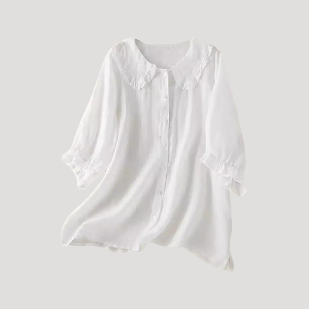 Lirvessa | Damesblouse van linnenmix – Top met lange mouwen en een kraag met ruches