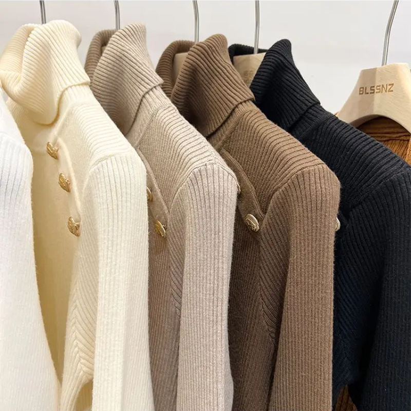 Baerise | Dames coltrui – Knoopaccenten, elegante wintertop met lange mouwen